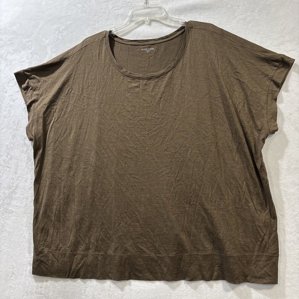 Eileen Fisher Brownish Green Silk Blend Drapey Top Short Sleeve Round Neck XL